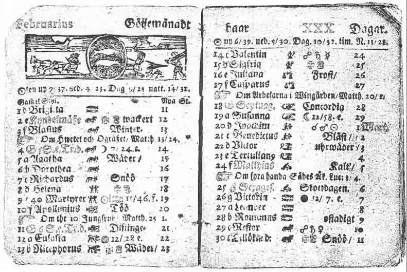 Duas páginas amareladas de um almanaque antigo em letra gótica, com a palavra Februarius no alto à esquerda, uma pequena xilogravura de trenó e lavradores e a lista dos dias do mês, que termina no número 30.