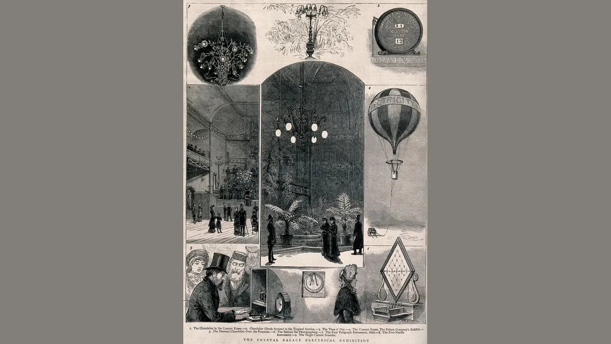 Página de jornal com nove gravuras em preto e branco: lustres com globos de luz, um salão de concertos lotado, visitantes sob um grande lustre numa estufa com palmeiras, um balão com a palavra Electricity e aparelhos de telégrafo.
