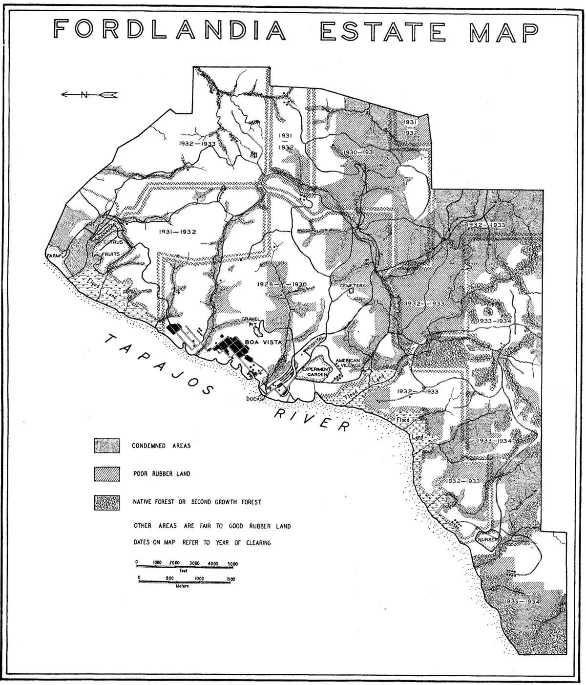 Mapa em preto e branco intitulado Fordlandia Estate Map, com o rio Tapajós embaixo, o povoado de Boa Vista junto ao cais e áreas hachuradas com anos de 1928 a 1934.