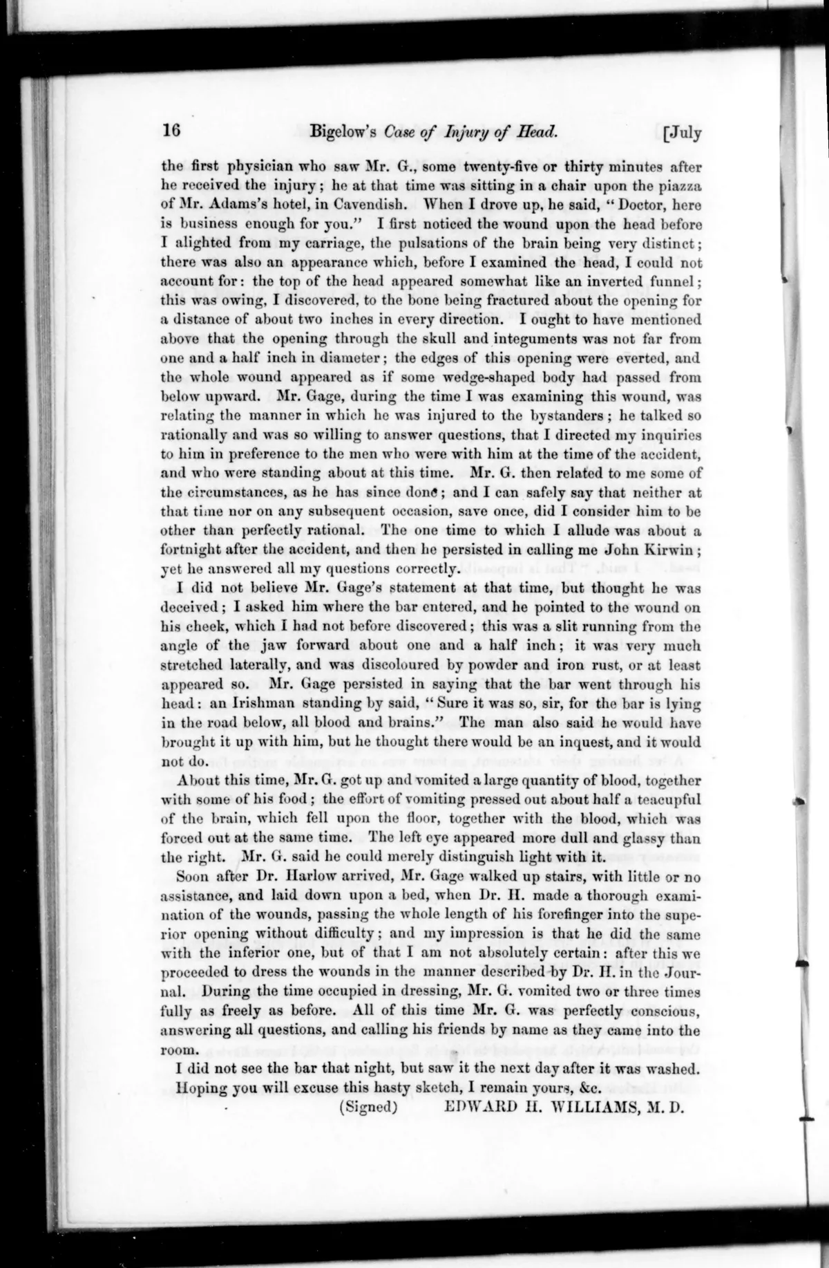Página impressa de revista médica do século XIX, em duas colunas de texto corrido, com o cabeçalho Bigelow's Case of Injury of Head e a assinatura Edward H. Williams, M.D. no pé.