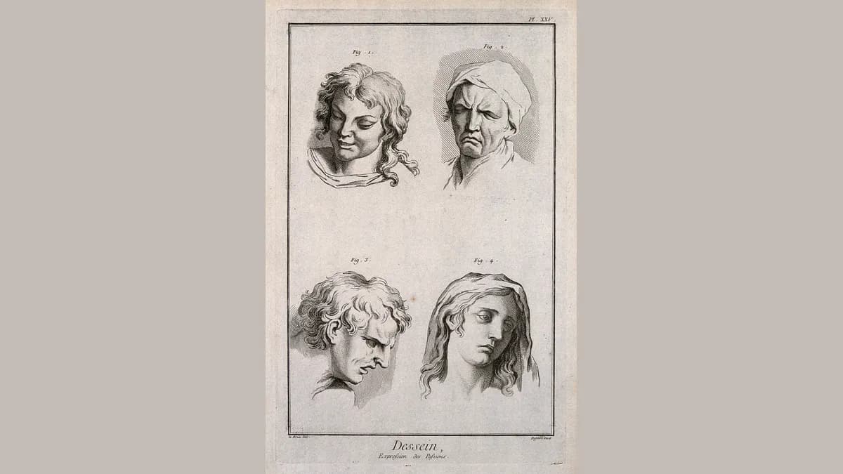 Prancha de gravura com quatro rostos desenhados a traço: no alto à esquerda, um jovem de cabelos cacheados sorrindo; no alto à direita, uma mulher idosa de touca com a testa franzida; embaixo, um homem de cabeça baixa e uma jovem de olhar triste.