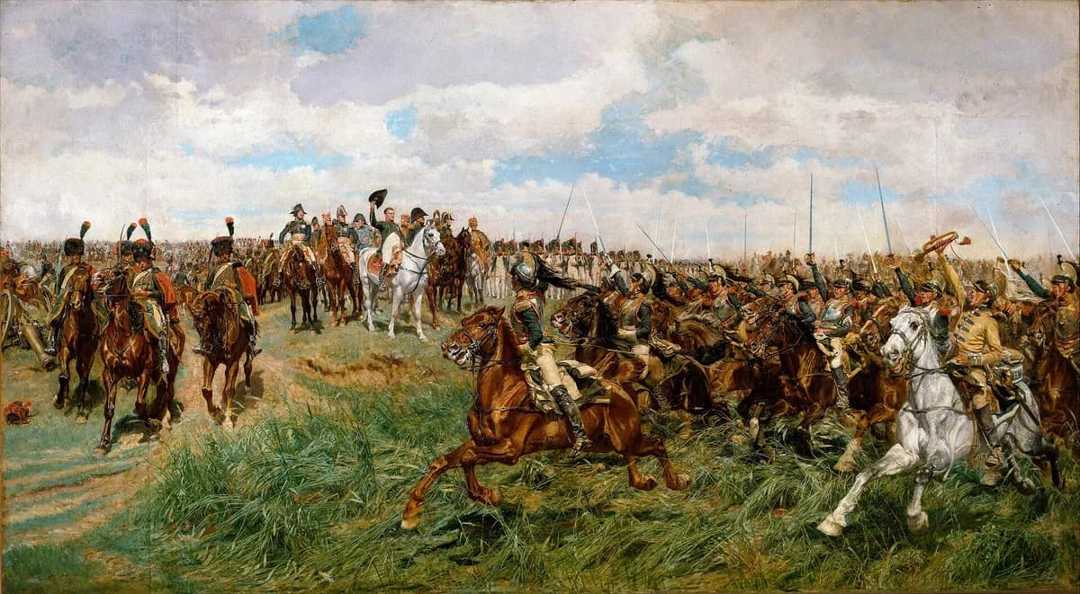 Pintura de batalha: num campo de trigo, uma fileira de cavaleiros de uniformes coloridos galopa erguendo sabres em saudação a um oficial montado num cavalo branco, ao fundo, à esquerda.