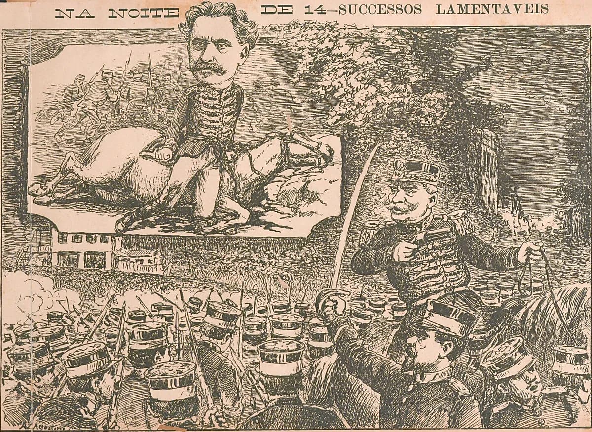 Ilustração de jornal em tons de sépia: no alto, um general caído ao lado do cavalo; embaixo, um oficial de espada em punho à frente de uma massa de soldados de quepe.