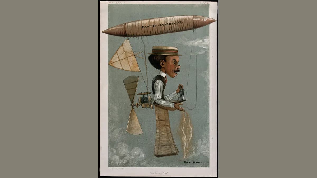 Caricatura colorida de um homem de chapéu de palha e bigode, de pé dentro de um cesto de vime, segurando uma alavanca, com um dirigível em forma de charuto preso acima da cabeça e uma hélice e um motor nas costas.