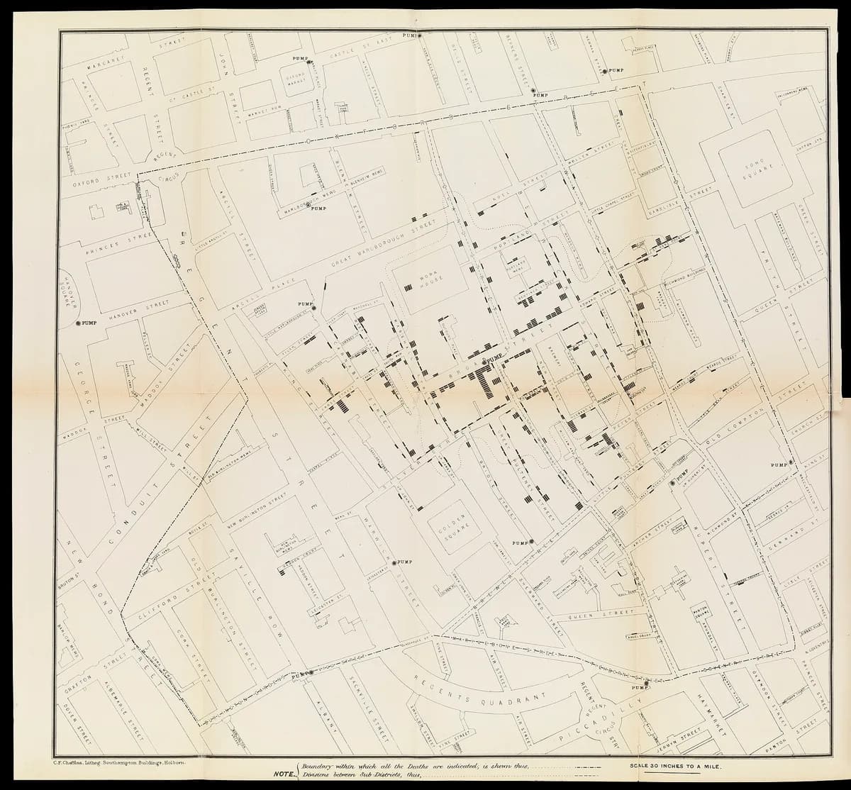 Mapa de John Snow marcando com traços pretos cada morte por cólera nas ruas do Soho, em Londres, em torno da bomba de água da Broad Street.