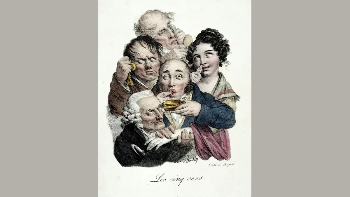 Litografia colorida com cinco pessoas espremidas num mesmo quadro, cada uma concentrada num gesto: um homem no alto encosta um objeto ao ouvido, uma moça leva um pequeno frasco ao nariz, um homem calvo põe o dedo na boca diante de um prato e um idoso de peruca apalpa a mão de outra pessoa.