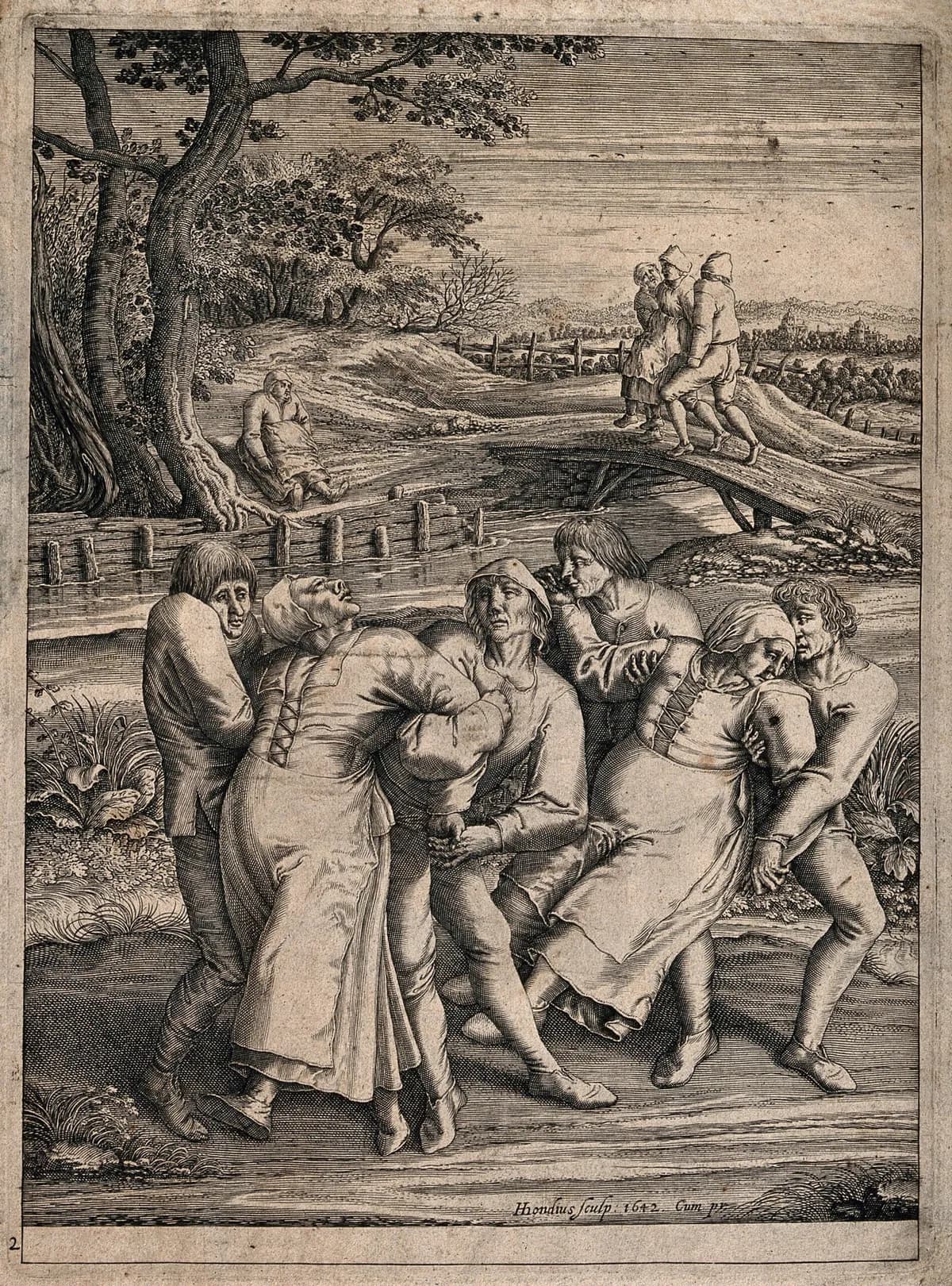 Gravura em preto e branco com três mulheres de corpo arqueado, cada uma sustentada pelos braços por dois homens, numa paisagem com árvore e ponte ao fundo.